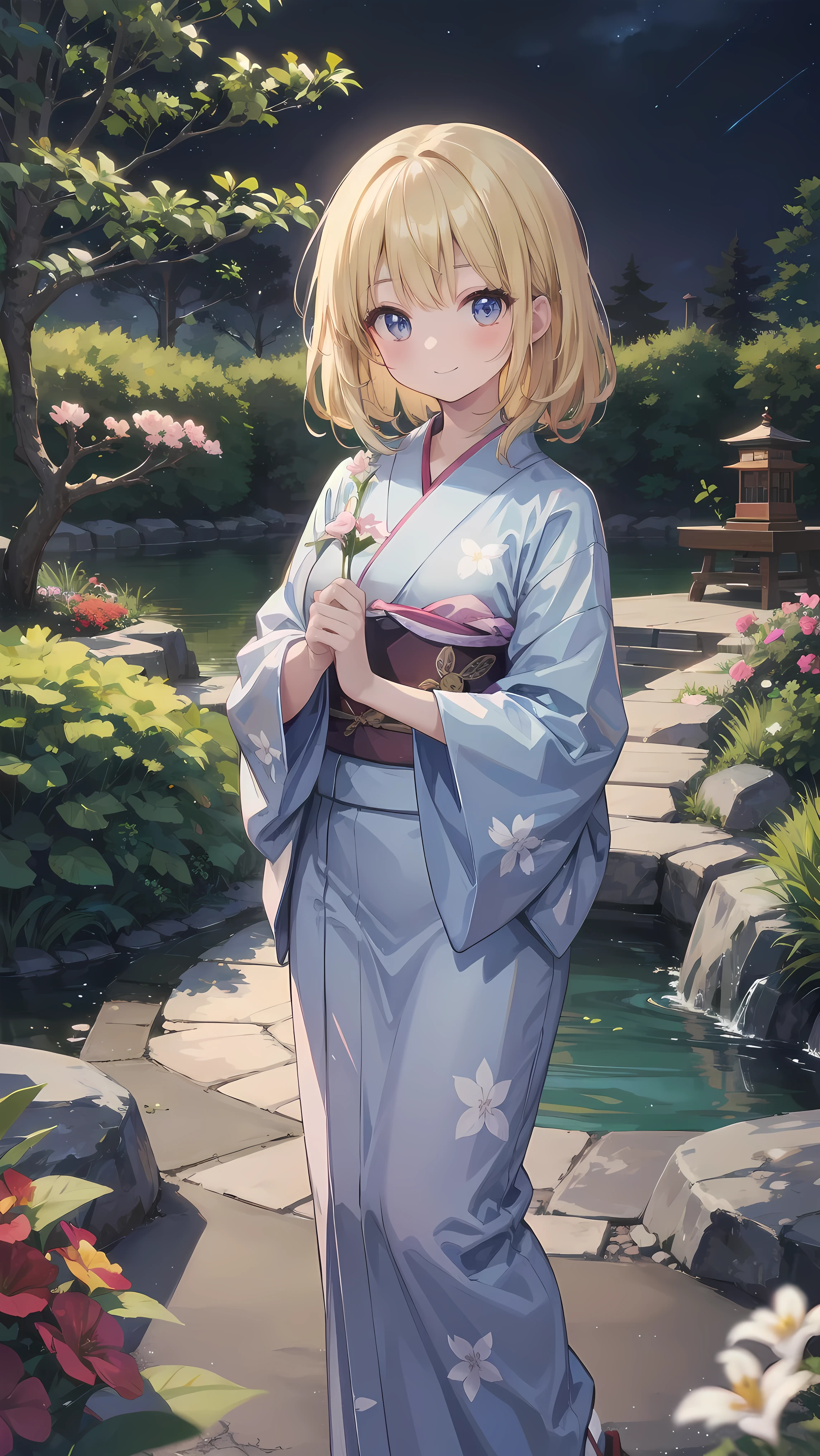 Subject: pretty beautiful girl
Subtitle: {Long, straight blonde hair}{Japanese-style yukata}{Posing picking flowers}{Japanese garden}{Smiling demurely}{Mirrorless camera, f/1.8, 1/400 sec, ISO 800, soft focus effect}

Night time,starry night , A beautiful girl with long, straight blonde hair stands in a quiet Japanese garden. She is wearing a beautiful Japanese yukata and is elegantly picking flowers. Her modest smile enhances her elegance and makes for a memorable scene. In the background is a lush green Japanese garden, which gives the scene a traditional beauty. The photo was taken with a mirrorless camera at f/1.8 aperture, shutter speed 1/400 sec, ISO 800, and the soft-focus effect adds to the soft, magical atmosphere.
