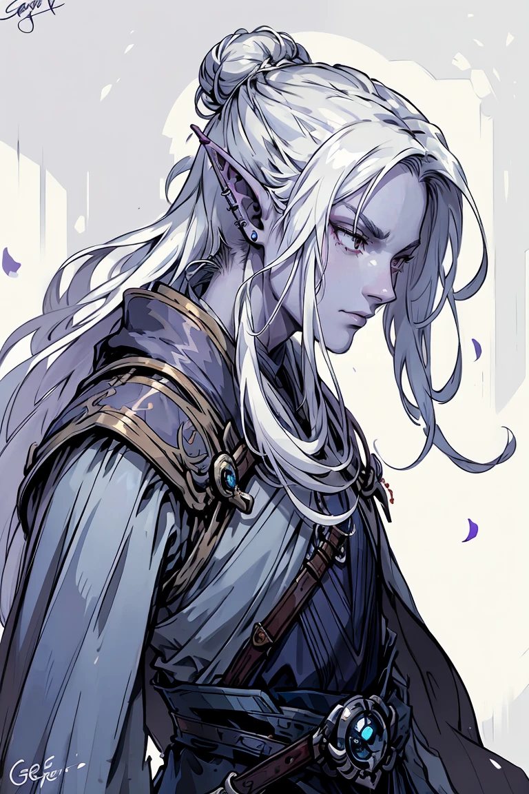 drow,white hair with purple low-ombre dye, male, pointy ears, solo, Calm slightly smile, elf, long hair, colored skin, white hair, blue grey skin, jewelry, earrings, bun hair, long hair, adventuring clothes, profile, upper body, from side, signature, piercing, artist name, ear piercing, nose, lipasterpiece, best quality)), art by greg rutkowski