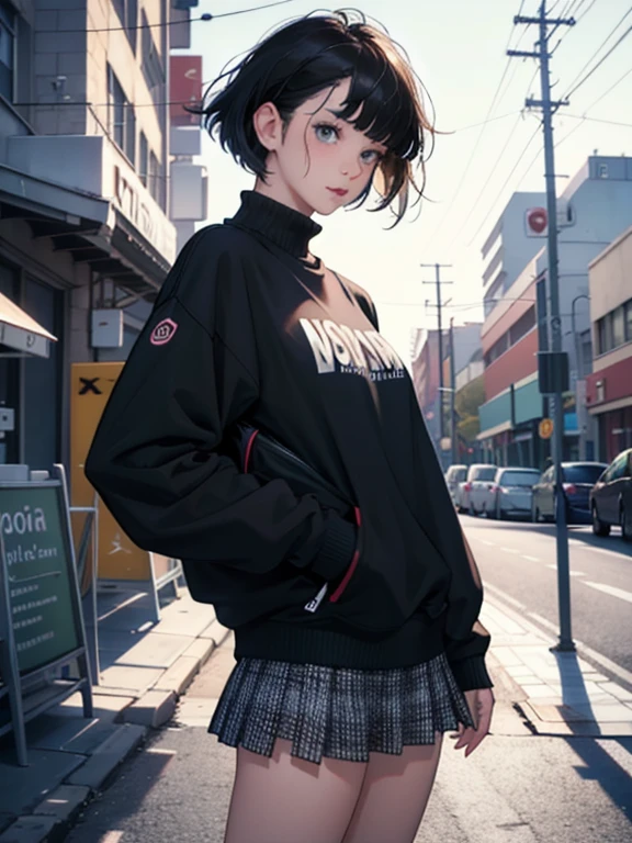 18-year-old girl : 1.3, Short black hair: 1.2, Casual wear: 1.2, Daytime: 1.2, at school: 1.2, Cinema Lighting, Surrealism, Ultra-high resolution, Accurate, Super detailed, Textured skin, High detail, Highest quality, 8K,Thin bangs