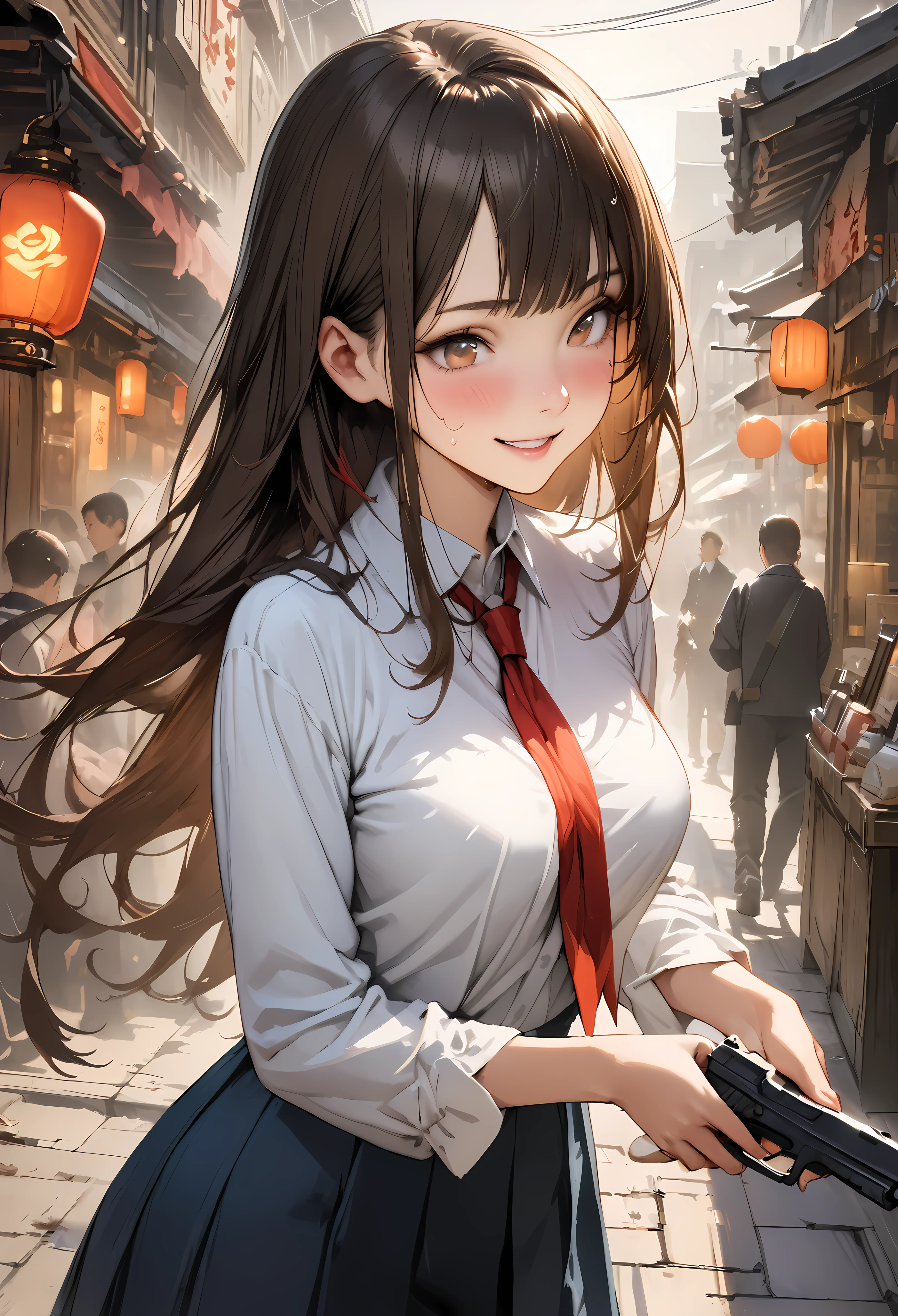 ((A detailed depiction of a woman holding a handgun))、((masterpiece,Highest quality:1.3,best quality illustration,realistic:1.3)),cowboy shot,solo,1woman,(18-year-old、Japanese Beauty),dark brown hair,long hair,bangs,brown eyes,gorgeous eyes,(very small head:1.3),smile,(very long body:1.2,skinny),medium breasts,(Red ribbon tie、White long sleeve collared shirt、Navy blue pleated mini skirt),gleaming skin,toned body,slender body,sweat,standing,on street,neon、World of Blade Runner、
