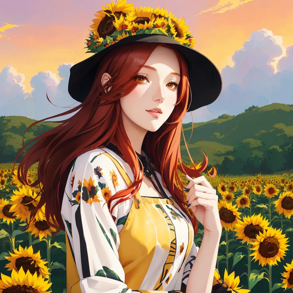 a red-haired woman wearing a hat in a field of sunflowers, cute sunflower anime girl, anime cover, made with anime painter studio, Trends on Devianart, anime digital illustration, pixiv daily ranking, not anime style, painted in anime painter studio, non-style artwork by guweiz, anime style illustration, anime art style