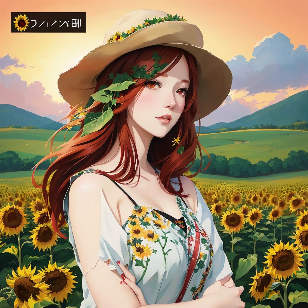 a red-haired woman wearing a hat in a field of sunflowers, cute sunflower anime girl, anime cover, made with anime painter studio, Trends on Devianart, anime digital illustration, pixiv daily ranking, not anime style, painted in anime painter studio, non-style artwork by guweiz, anime style illustration, anime art style