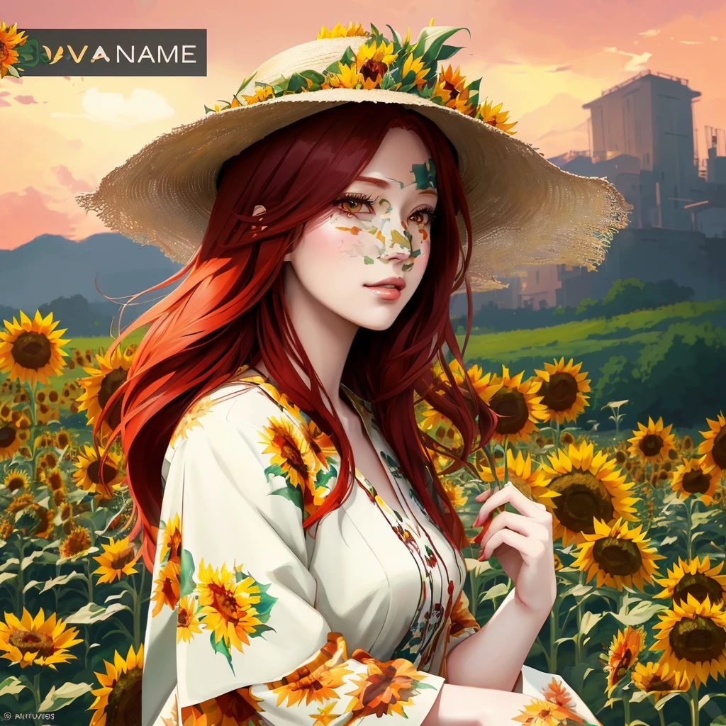 a red-haired woman wearing a hat in a field of sunflowers, cute sunflower anime girl, anime cover, made with anime painter studio, Trends on Devianart, anime digital illustration, pixiv daily ranking, not anime style, painted in anime painter studio, non-style artwork by guweiz, anime style illustration, anime art style