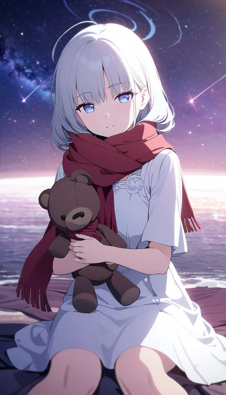 (((masterpiece))), (((best quality))),(((high detail))),light manipulation, girl with long silver hair, gradient purple to sky blue eyes, wearing a white dress, a red scarf, galaxy background, holding a teddy bear, feet, no footwear