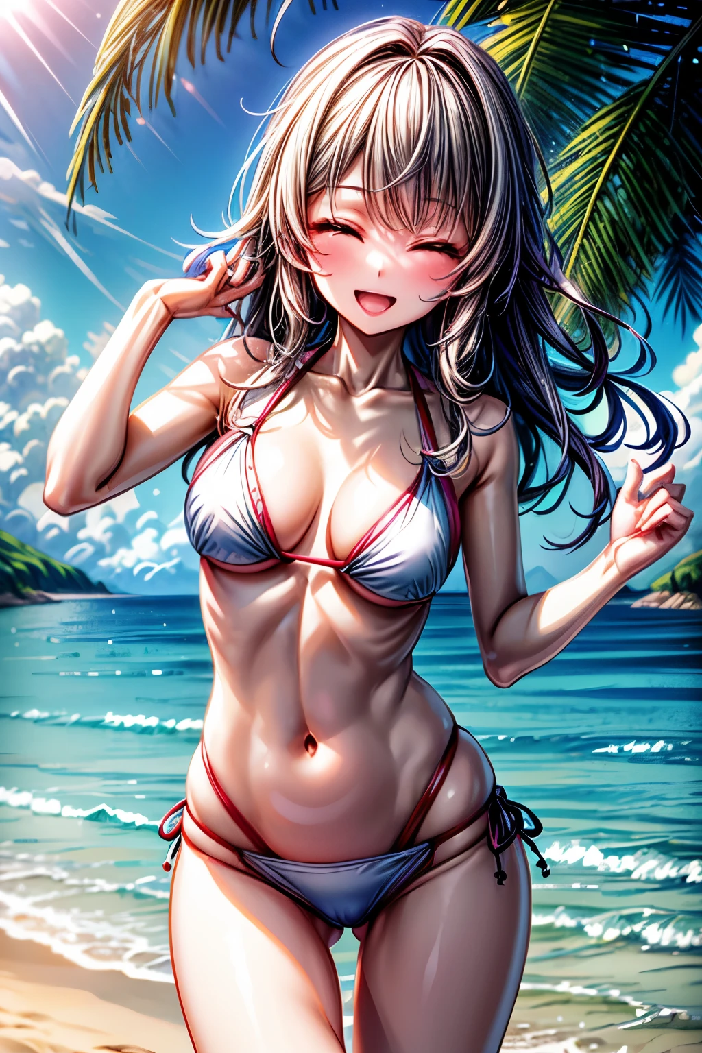 masterpiece, best quality, extremely detailed CG unity 8k wallpaper, Midsummer Sea, Under the Bright Sun, close your eyes, Open your mouth, smile, Swimwear, 特殊なSwimwear, Sandy Beach,