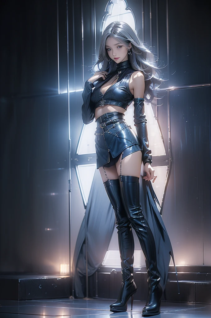 ((Full body, standing)) ((Long legs, beautiful legs, big breasts)) ((Beautiful Empress)) ((Leather mini skirt, Tights, high heel boots)) ((Gothic fashion)) ((Long silver-blue hair, silver eyes)) ((anatomically correct))((ultra high quality))