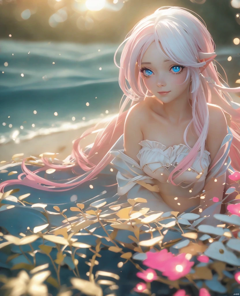 nymph , face perfect, cold shades , pink coloration +330 , white  hair , blue colored eyes, sea wave, 8K, 4HD, ((super quality)), ((High definition))