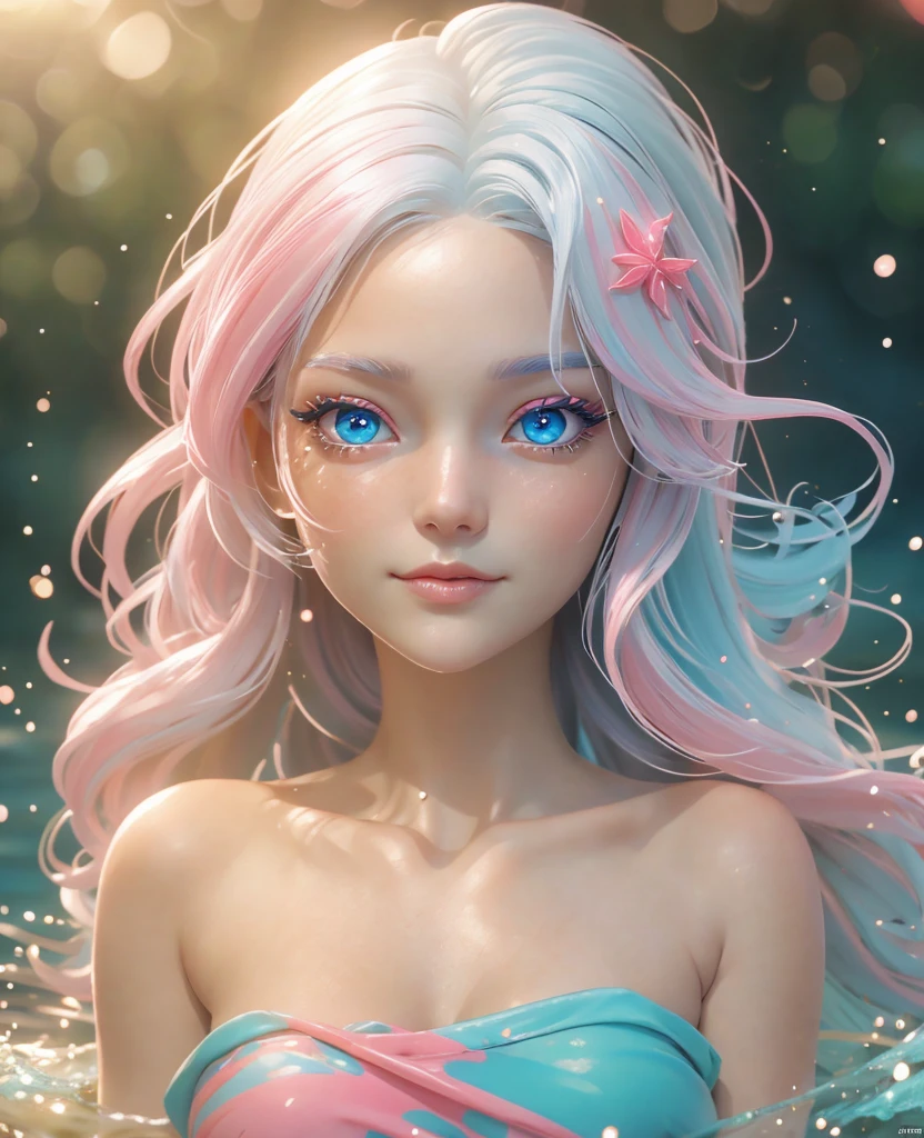 nymph , face perfect, cold shades , pink coloration +330 , white  hair , blue colored eyes, sea wave, 8K, 4HD, ((super quality)), ((High definition))