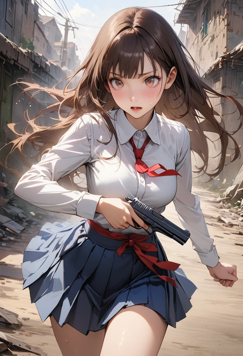 Action Scenes、((A detailed depiction of a woman holding a handgun))、((masterpiece,Highest quality:1.3,best quality illustration,realistic)),cowboy shot,独奏,1woman,(18-year-old、Japanese Beauty),dark brown hair,long hair,bangs,brown eyes,gorgeous eyes,(very small head:1.3),(very long body:1.2,skinny),medium breasts,(Red ribbon tie、White long sleeve collared shirt、Navy blue pleated mini skirt),gleaming skin,toned body,slender body,sweat,Run,Ruined city、Collapsed building、、World of Blade Runner、