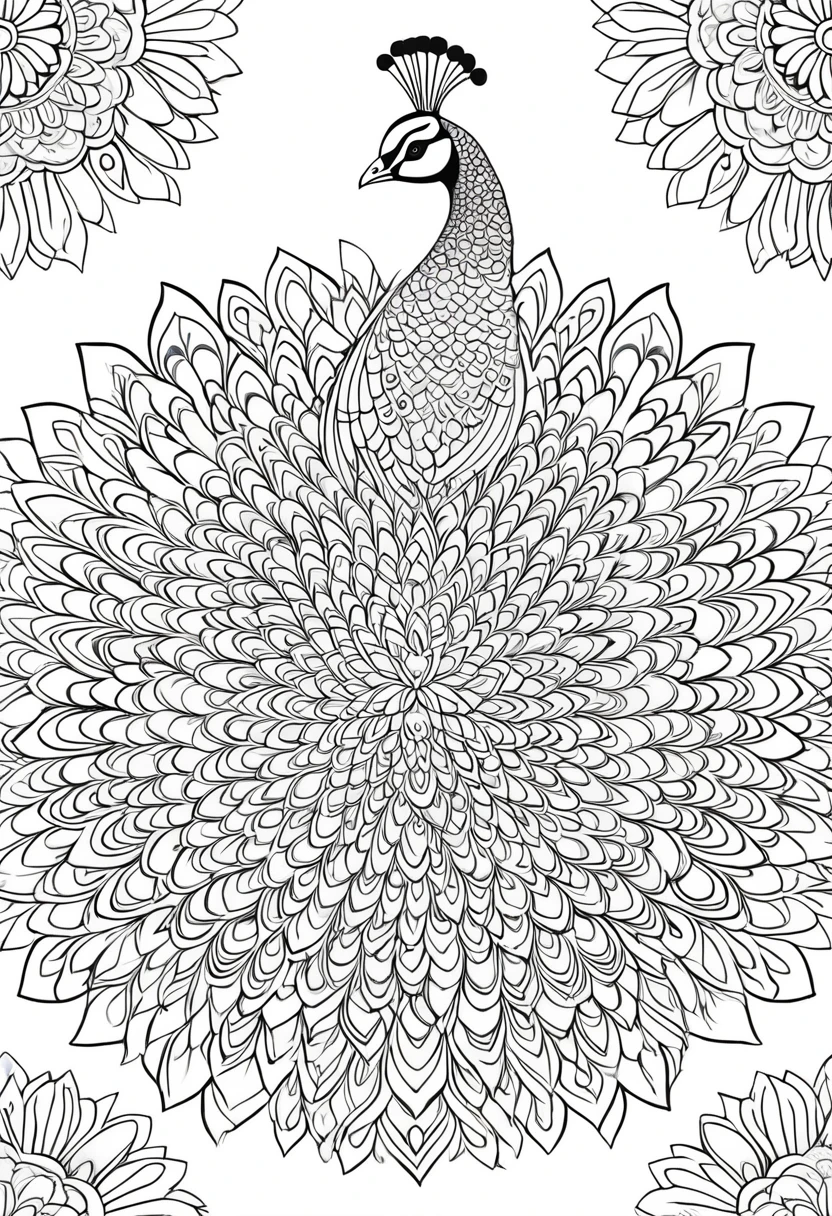 A captivating black and white line art coloring page designed for adults with white background, featuring a majestic peacock in a mesmerizing mandala-inspired style. The peacock is adorned with intricate patterns, including floral and geometric designs, that provide an engaging and detailed work of art. The illustration emphasizes crisp, clean lines and bold outlines, allowing for a blank canvas for the user to infuse their own vibrant colors. The minimalistic design, with its thick lines and absence of background details, offers a soothing coloring experience for those seeking calming and creative activities. illustration