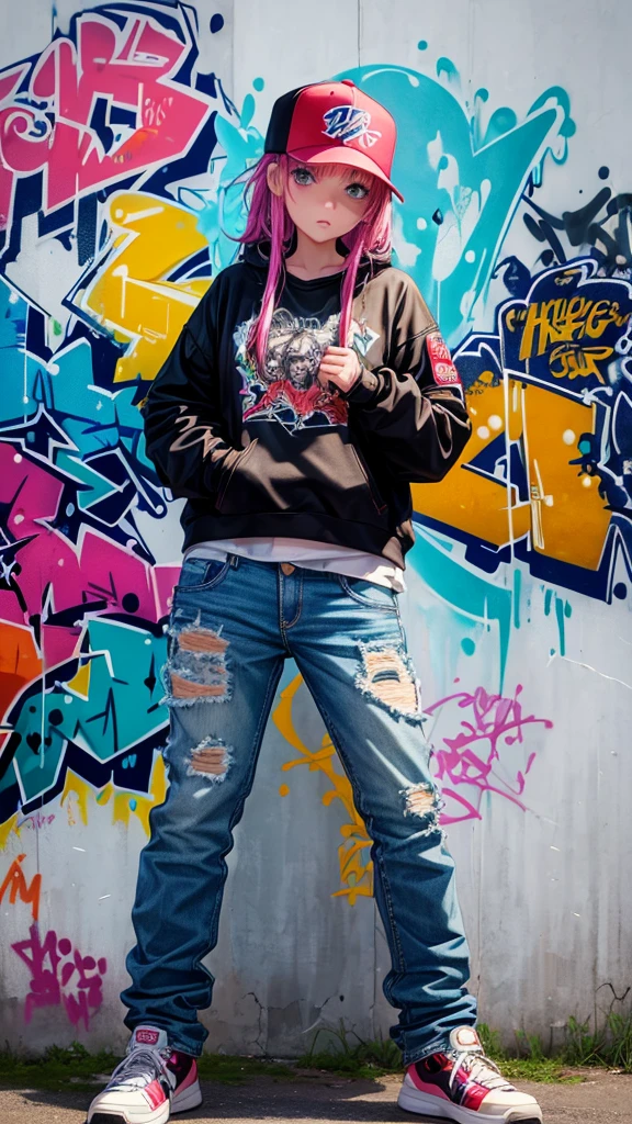 Girl, Full color drawing of   hip-hop, hip-hop, hip-hop, hip-hop, baggy jeans, rapping (((graffiti art) (by Karen Griffith))), in a sea background, crazy details, intricate details, hyper details , Low Contrast, Cinematic Soft Light, Exposure Blend, HDR, Front