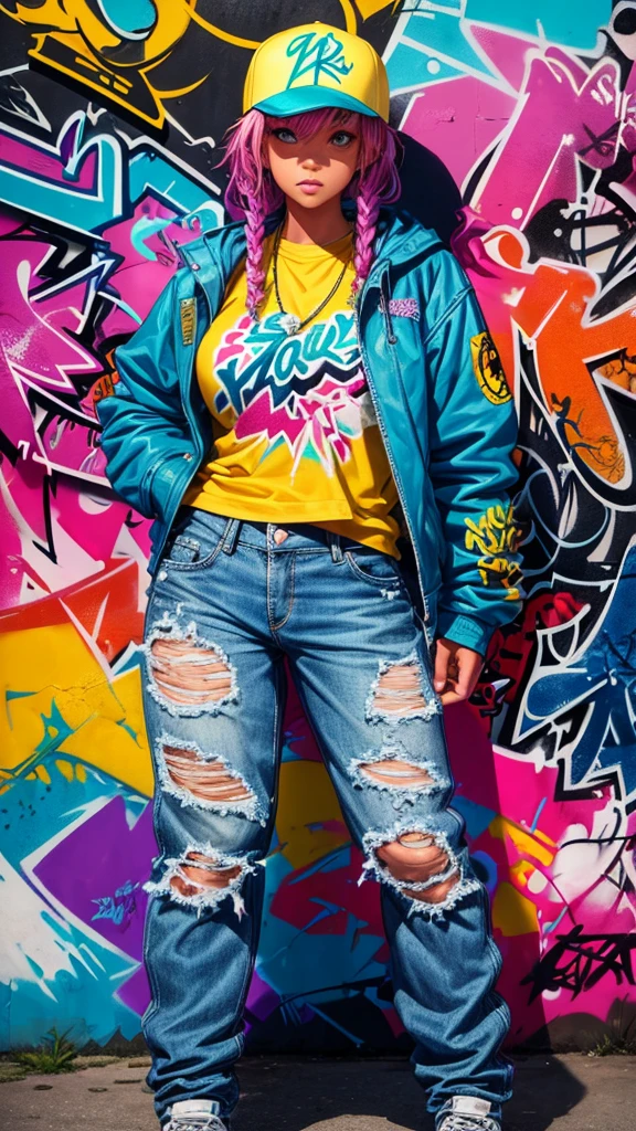 Girl, Full color drawing of hip-hop, hip-hop, hip-hop, hip-hop, baggy jeans, rapping (((graffiti art) (by Karen Griffith))), in a sea background, crazy details, intricate details, hyper details , Low Contrast, Cinematic Soft Light, Exposure Blend, HDR, Front