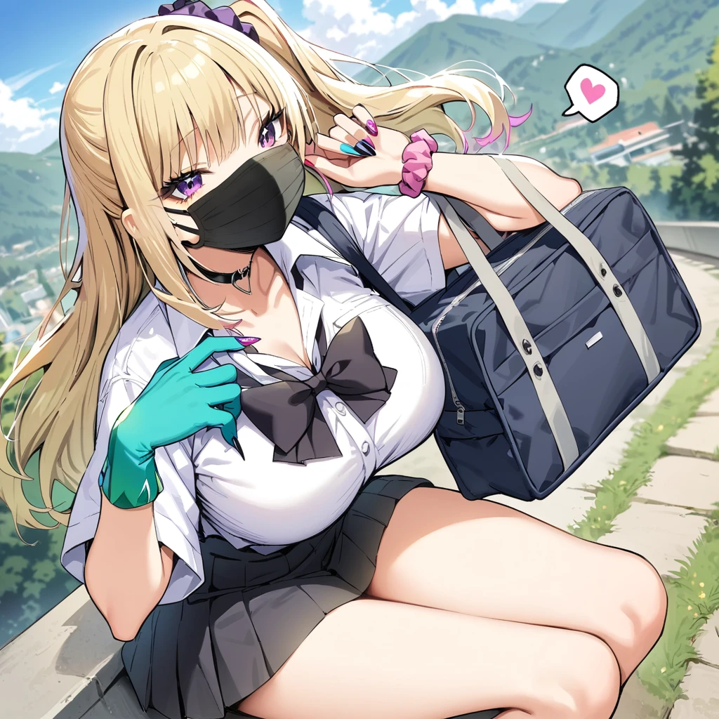 (masterpiece, Highest quality:1.2), JK,Huge ,One girl,Aqua Nail,bag,Black bow tie,Black nails,Blonde,Blue Claws,chest,Slope,Slope background,Green Claws,hair Scrunchie,heart,mask,mouth mask,Multicolored nails,Manicure,Pink Nails,Purple Nails,school bag,,Scrunchie,skirt,alone,spoken heart,surgical mask