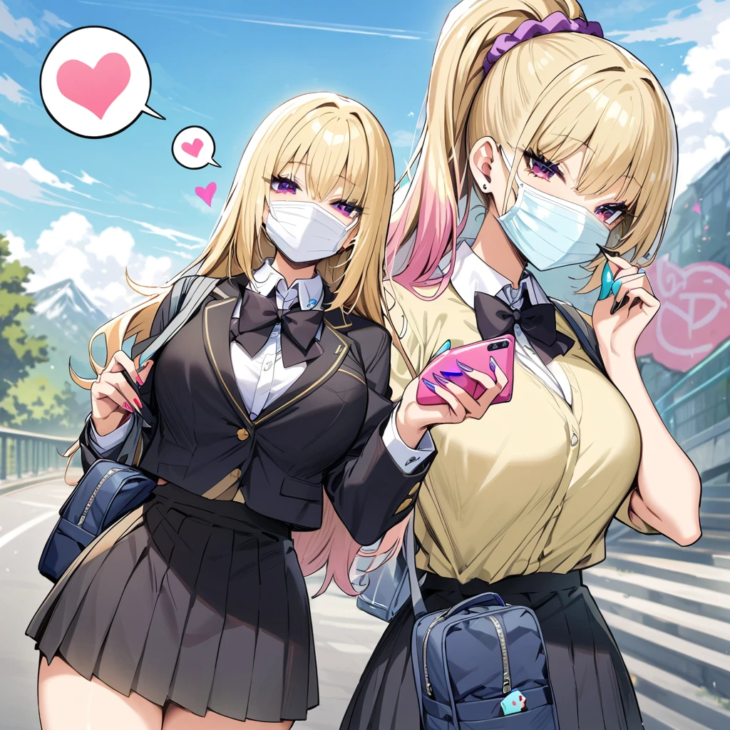 (masterpiece, Highest quality:1.2), JK,Huge ,One girl,Aqua Nail,bag,Black bow tie,Black nails,Blonde,Blue Claws,chest,Slope,Slope background,Green Claws,hair Scrunchie,heart,mask,mouth mask,Multicolored nails,Manicure,Pink Nails,Purple Nails,school bag,,Scrunchie,skirt,alone,spoken heart,surgical mask