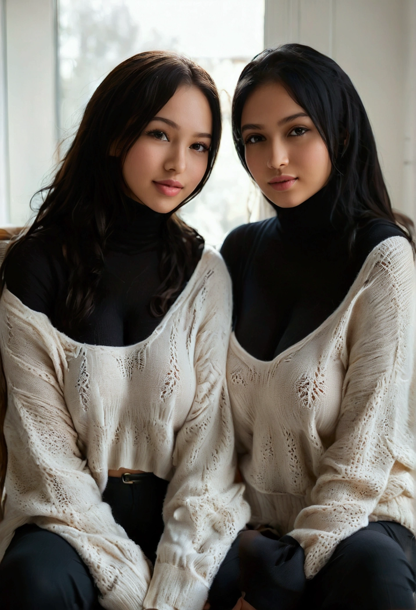 Two 20 yo woman, sweater, dark theme, soothing tones, muted colors, high contrast, (natural skin texture, hyperrealism, soft light, sharp), simple background, slim body with big breast, (big size breast: 1.6) using off shoulder tight clothes, 2girl, giant tits, big breast, breast bigger than torso, using white sweater, using black hijab, gigantic breast, gigantic , sweet smiling, sitting while spreading legs, half naked (using sweater, not using pants)