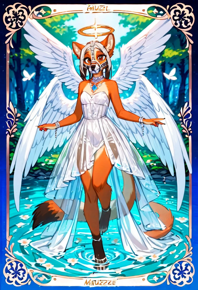 Top quality ultra-fine illustrations, bathing in water, beautiful refraction of water, white dress soaked in water, transparent clothing, Rich colors, Dreamy, mystical, Tarot Card, erotic(In the forest where the stream flows, Backlighting)(beautiful face and eyes with great detail)absurdres, perfect anatomy((Beastwoman))(Furry, angelic cute 1girl, Solo focus)(furry anthro:1.7)(((furry body, Facial features of animal, Features of the animal body)))(((muzzle of the animal, very detailed furry body of animal))))full body, Smile (portrait),