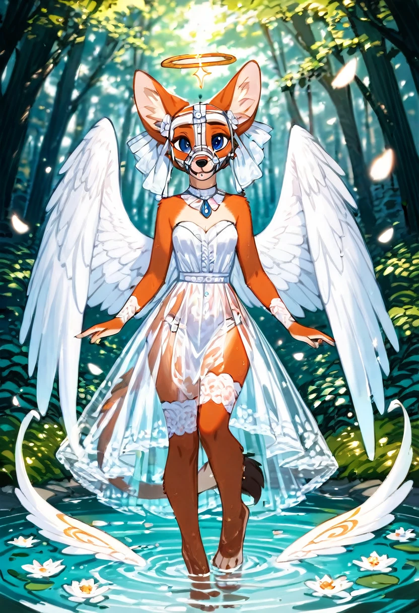 Top quality ultra-fine illustrations, bathing in water, beautiful refraction of water, white dress soaked in water, transparent clothing, Rich colors, Dreamy, mystical, Tarot Card, erotic(In the forest where the stream flows, Backlighting)(beautiful face and eyes with great detail)absurdres, perfect anatomy((Beastwoman))(Furry, angelic cute 1girl, Solo focus)(furry anthro:1.7)(((furry body, Facial features of animal, Features of the animal body)))(((muzzle of the animal, very detailed furry body of animal))))full body, Smile (portrait),