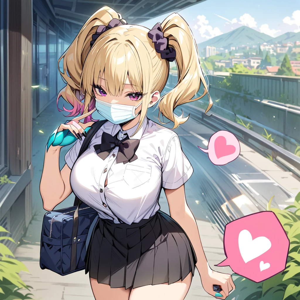 (masterpiece, Highest quality:1.2), ＪＫ,Huge ,One girl,Aqua Nail,bag,Black bow tie,Black nails,Blonde,Blue Claws,chest,Slope,Slope background,Green Claws,hair Scrunchie,heart,mask,mouth mask,Multicolored nails,Manicure,Pink Nails,Purple Nails,school bag,,Scrunchie,skirt,alone,spoken heart,surgical mask