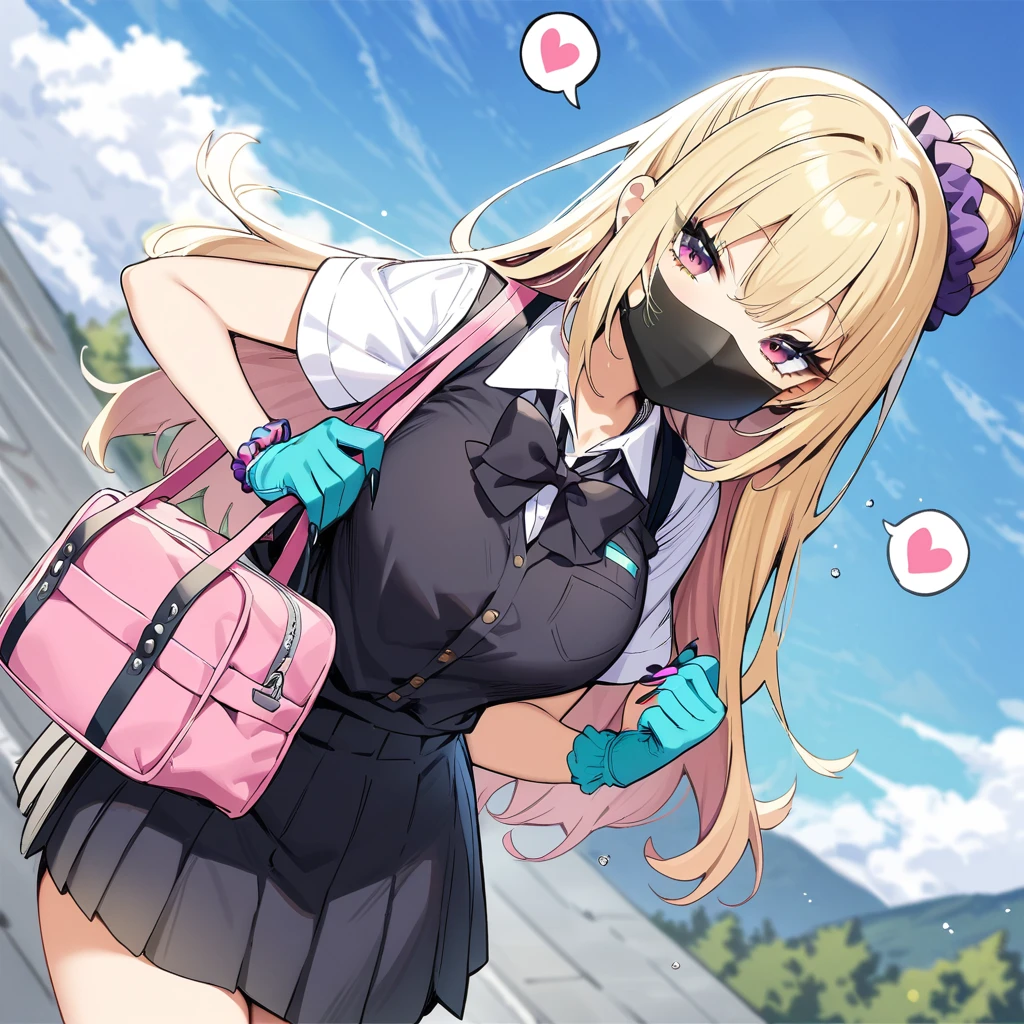 (masterpiece, Highest quality:1.2), ＪＫ,Huge ,One girl,Aqua Nail,bag,Black bow tie,Black nails,Blonde,Blue Claws,chest,Slope,Slope background,Green Claws,hair Scrunchie,heart,mask,mouth mask,Multicolored nails,Manicure,Pink Nails,Purple Nails,school bag,,Scrunchie,skirt,alone,spoken heart,surgical mask