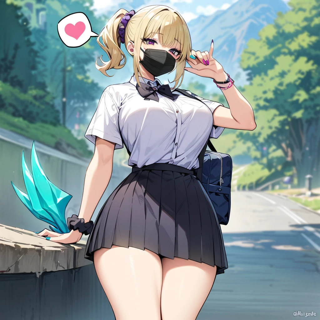 (masterpiece, Highest quality:1.2), ＪＫ,Huge ,One girl,Aqua Nail,bag,Black bow tie,Black nails,Blonde,Blue Claws,chest,Slope,Slope background,Green Claws,hair Scrunchie,heart,mask,mouth mask,Multicolored nails,Manicure,Pink Nails,Purple Nails,school bag,,Scrunchie,skirt,alone,spoken heart,surgical mask