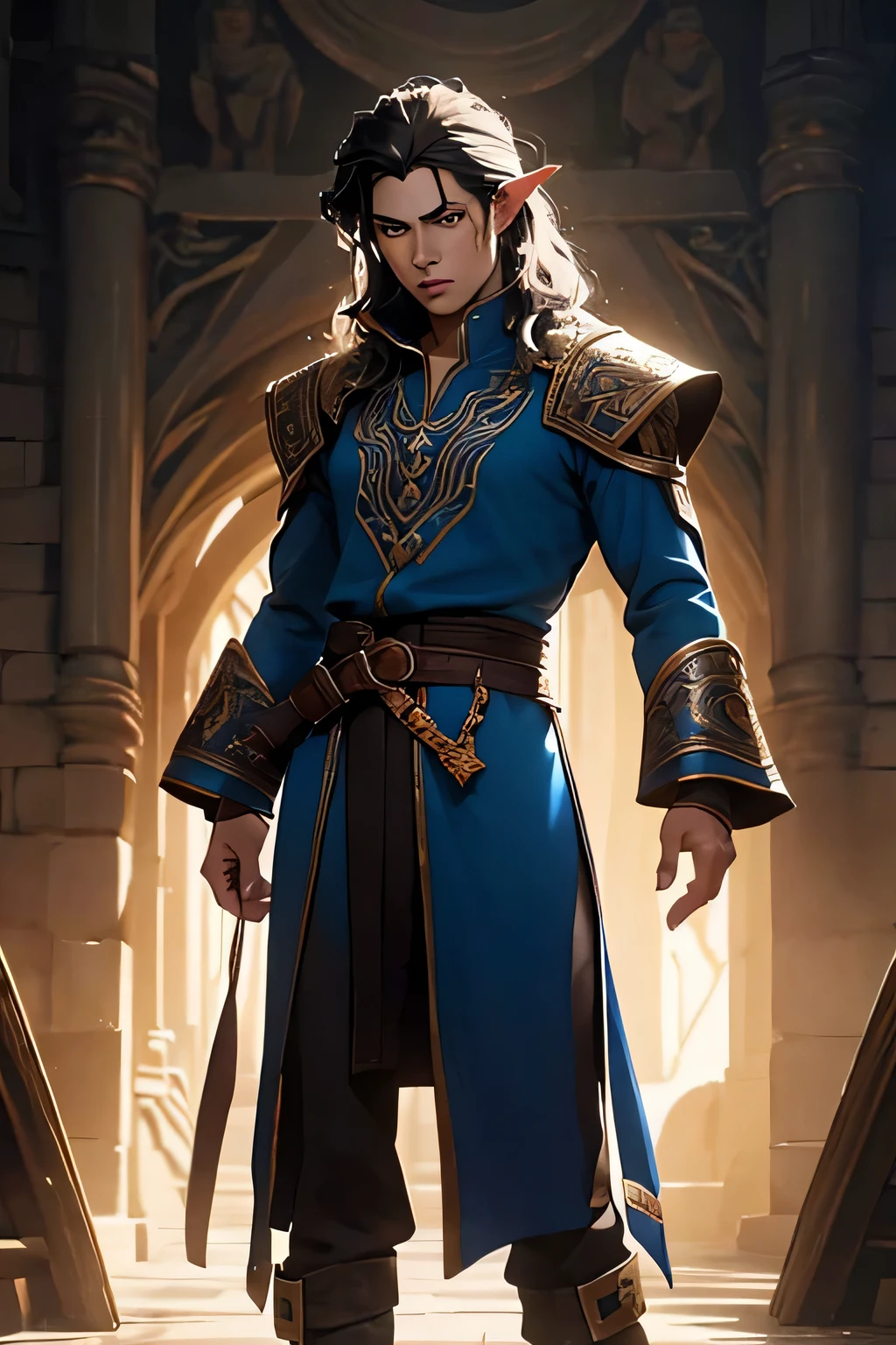 a drawing of a man in a tunic, a human male, d & d style full body portrait, detailed full body concept, full body dnd character portrait, beautiful androgynous prince, delicate androgynous prince, complex fantasy character, fantasy d&d character, pale gray skin, curly black hair, really long hair, point ears, pretty, androgenous, amber dragon eyes, adult man.