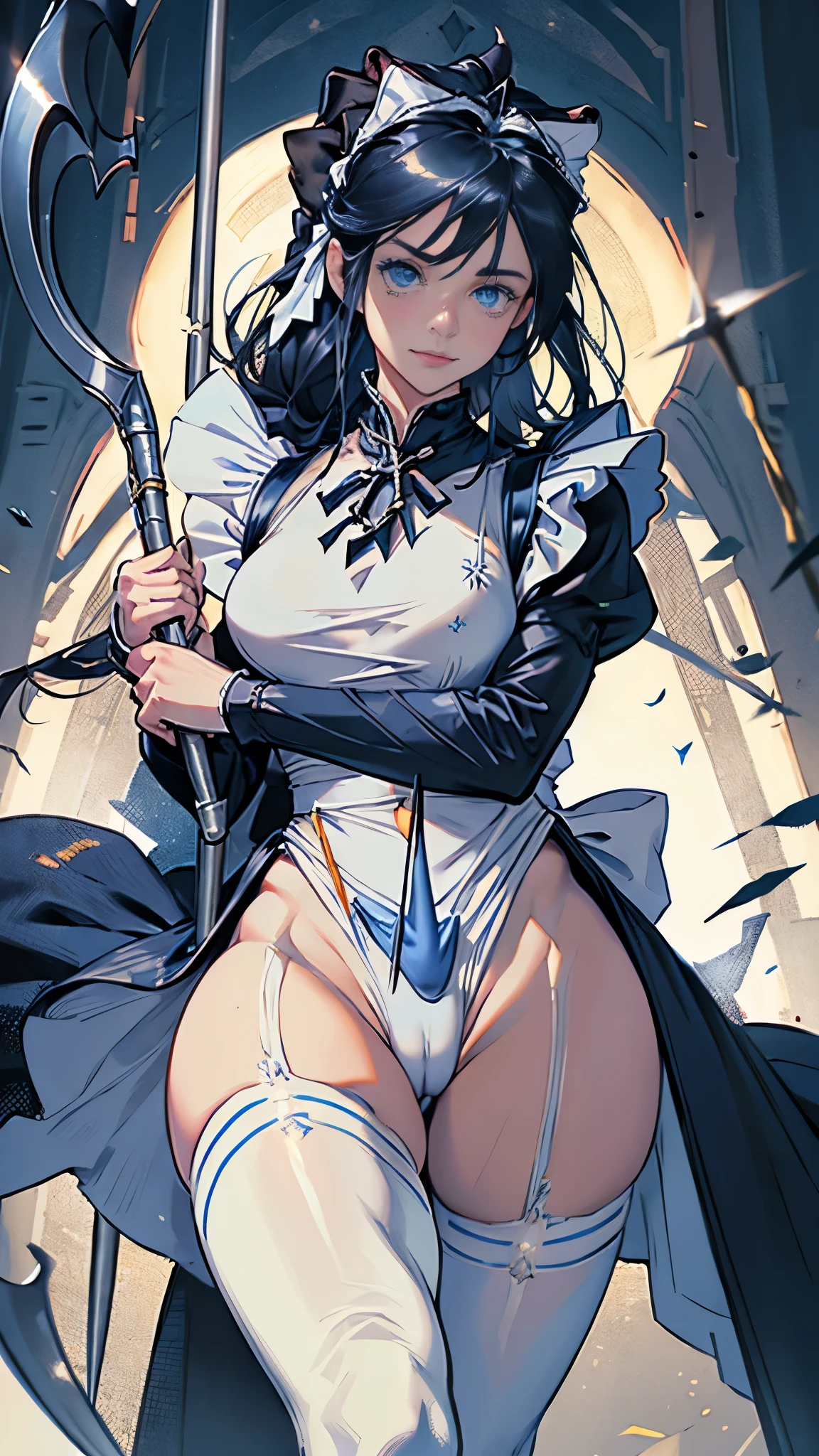 masterpiece, ultra detailed, 8k portrait, RAW photo, portrait photography, highly detailed face, beautiful and meticulous eyes, dark blue hair, long hair, blue eyes, white hair ribbon, (dark blue French maid costume:1.5), white tights, half boots, spread legs, standing, (holding a giant sickle:1.5), by the old castle, in mid night, from below, (cameltoe:1.5)