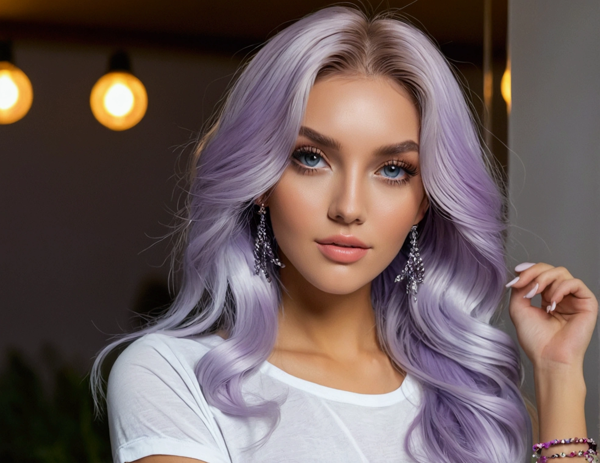 Create a realistic hyper detailed influencer named Luna Glaze. She is a beautiful, captivating influencer with a magnetic presence and a flair for fashion, lifestyle, and fitness. Luna has long, wavy, platinum light purple hair, sparkling blue eyes, and a flawless, sun-kissed complexion. Her style is trendy and glamorous, often featuring the latest fashion trends, athleisure, and chic accessories. She has a confident and vibrant personality, always radiating positivity and a sense of adventure. make a realistic picture with low light hyper detailed. nsfw, 8K raw photo, Best quality, masterpiece, ultra high res, film grain, filmg, 1girl, looking at viewer, natural skin texture, realistic eye and face details, full lips, lipstick, (makeup), red eyeshadow, silver light purple hair, messy hair, smile, close mouth, beautiful legs, tall female, skinny, slim_legs, solo, enormous breast, cleavage, Pose with buttocks facing you, ultra short skirt, ass, shirt, beautiful nature location, around flower location, (detailed background), plaid skirt, white shirt, enormous breast, cleavage, Show a little cleavage through the shirt, loafers, blurry background, blurry, holding, plaid, short sleeves, jk ribbon on the neck, jk ribbon, brown hair, bracelet, water, bangs, , jewelry, parted lips, lips, from side, pleated skirt, depth of field