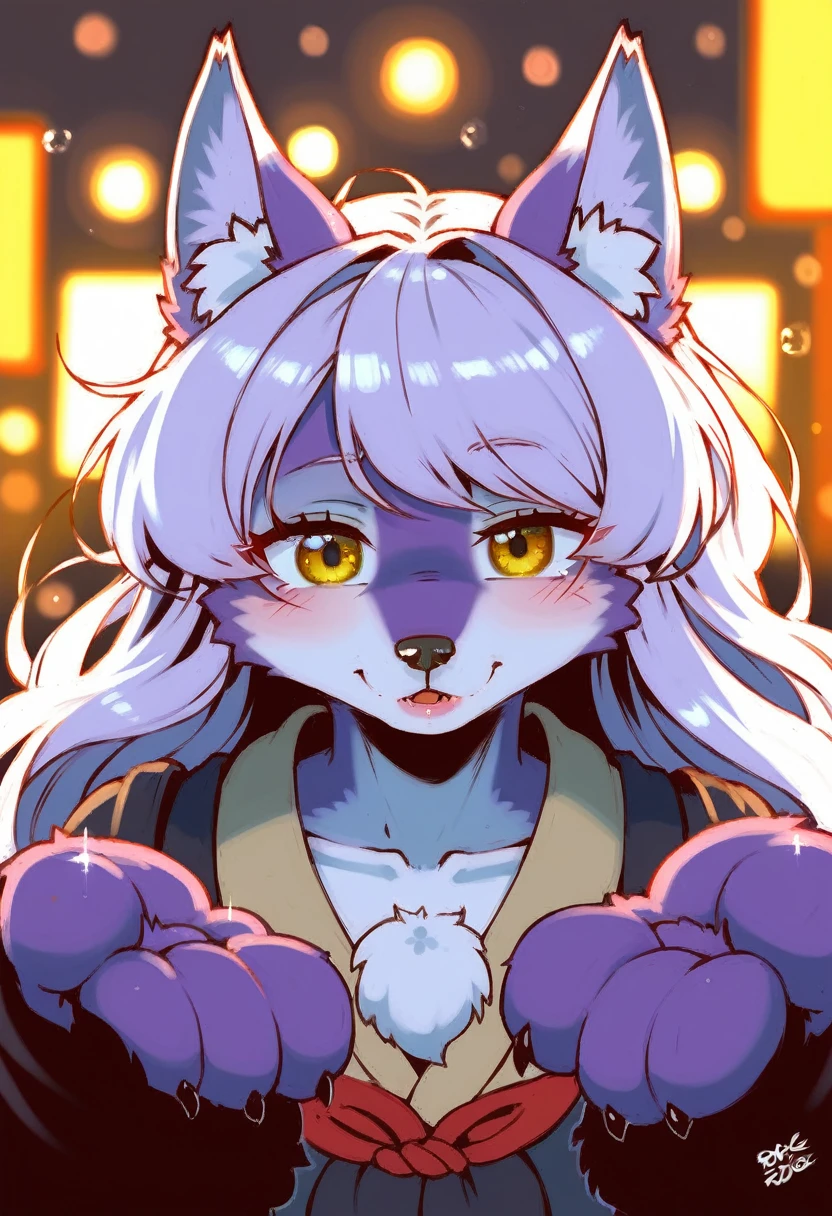 by kenket, by totesfleisch8, (by thebigslick, by silverfox5213:0.8), (by syuro:0.2), (by qupostuv35:1.2), (hi res), ((masterpiece)), ((best quality)), illustration,(anthro,furry,kemono),fox,kitsune,five tails,big paws,animal ears, body fur,1girl,solo,(plump,fat)(((lavender hair,long hair,blowout))),yellow eyes,purple fur,exposure blend, bokeh, furry fox nose, (hdr:1.4), high contrast, (cinematic, violet), (muted colors, dim colors, soothing tones:1.3), low saturation, (hyperdetailed:1.2), (noir:0.4),FurryCore,glitter,shiny