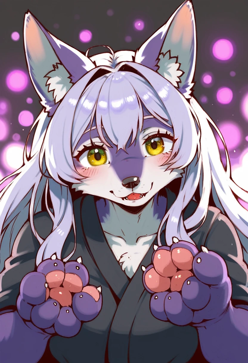 by kenket, by totesfleisch8, (by thebigslick, by silverfox5213:0.8), (by syuro:0.2), (by qupostuv35:1.2), (hi res), ((masterpiece)), ((best quality)), illustration,(anthro,furry,kemono),fox,kitsune,five tails,big paws,animal ears, body fur,1girl,solo,(plump,fat)(((lavender hair,long hair,blowout))),yellow eyes,purple fur,exposure blend, bokeh, furry fox nose, (hdr:1.4), high contrast, (cinematic, violet), (muted colors, dim colors, soothing tones:1.3), low saturation, (hyperdetailed:1.2), (????:0.4),FurryCore,glitter,shiny