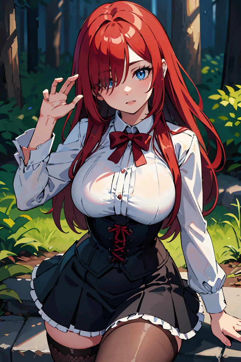 masterpiece, best quality, highly detailed background, perfect lighting, best quality, (extremely detailed face), volumetric lighting, intricate details, shadow, tonemapping, sharp focus, hyper detailed, trending on Artstation, (solo) ((Looking at the viewer)) (long red hair) (Hair over face) (only one eye visible) (curvy) (Big breasts) (black corset) (transparent skirt) (fishnet stockings) ((Blue eyes)) ((human)) (sexy pose) ((Satanic ritual in the forest))