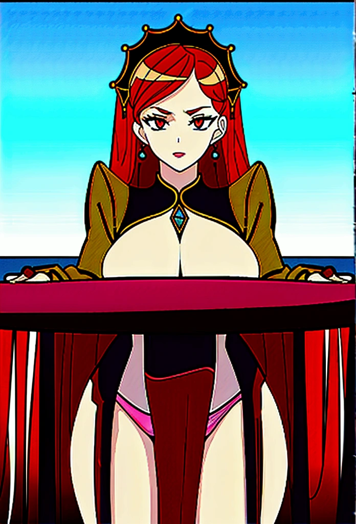 Hilda Boreas Greyrat, high details, HD,transparent panties, transparent bon, the big ones are very huge, long and beautiful red hair, Anime style ,Curvy physique ,Red eyes , earings, Collier , noble and rich women,