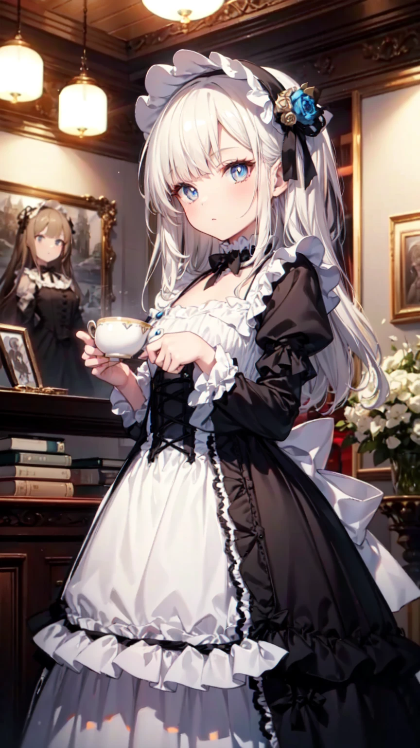 highest quality, masterpiece, Symmetrical and highly detailed eyes, flesh female, Highly detailed background, tendency (Art Station:1.46), Surreal, Cinema Lighting, Studio Quality, 8k resolution, masterpiece, A scene from a tea with gothic lolita cosplayers、Gothic Lolita costume girls in the background、Everyone is showing off their cosplay in their own way.、An elegant white dress with a black base and a chest-hiding design、Highly detailed frills、Bonnet on vertical roll、Skirt inflated with panniers、gothic lolita style、Lolita girl in white elegance black dress decorated with ruffles、A skirt with a vertical roll pannier、Pixar Style, Tristan Eaton、Stanley Artgarm、Tom Bagshaw
