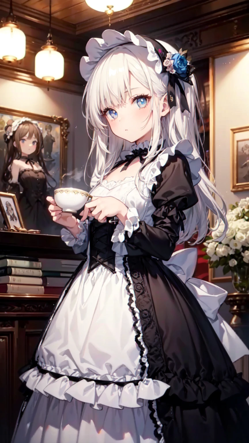 highest quality, masterpiece, Symmetrical and highly detailed eyes, flesh female, Highly detailed background, tendency (Art Station:1.46), Surreal, Cinema Lighting, Studio Quality, 8k resolution, masterpiece, A scene from a tea with gothic ta cosplayers、Gothic Loliostume girls in the background、Everyone is showing off their cosplay in their own way.、An elegant white dress with a black base and a chest-hiding design、Highly detailed frills、Bonnet on vertical roll、Skirt inflated with panniers、gothic lolita s、Lolita girl hite elegance black dress decorated with ruffles、A skirt with a vertical roll pannier、Pixar Style, Tristan Eaton、Stanley Artgarm、Tom Bagshaw