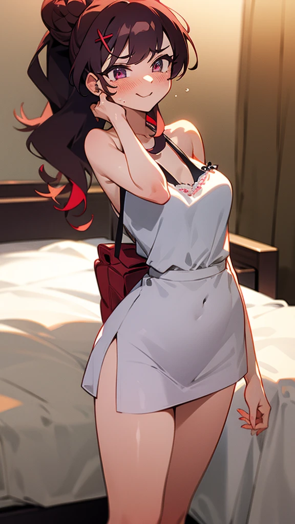 high tail hairstyle, Ponytail hairstyle, Long wavy black hair, standing posing, anime girl style, pixel art anime style,penetrating look with deep eyes,red and purple eyes, hair with a ponytail hairstyle trapped with a big red bun, Women, red hair clips, x color shaped hair clips , smiling face blush, next to his bed , lingerie, maid outfit, Black hair, mini skirt, showing my ass to the camera, maid, big thighs, big ass 