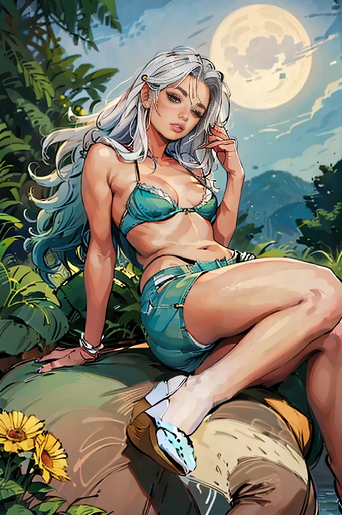 (work of art, maximum quality), a girl with long white hair sitting in a field of green plants and flowers, warm moonlight, blurry foreground, change, river bank, bra shorts, anomalous eyes