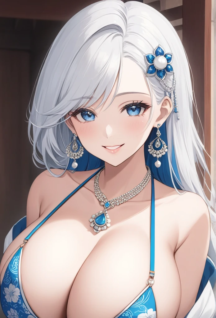 score_9, score_8_up, score_7_up, score_6_up, score_5_up, score_4_up, yu smiling, , detailed face, big silver jhumka earrings, makeup,white skin,sharp jawline ,big earrings, bracelet, delicate necklace ,big breasts, bikini ,blue eyes