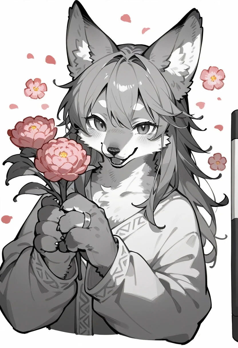 monochrome, watercolor, highres, top quality, best quality, paid reward available, High-quality illustrations, unparalleled masterpiece, perfect artwork, absurdres, 1girl, kemono, furry, detailed body fur, animal face, animal hand, Archaic Smile, holding a cluster of pink flower in both hands, which are positioned at chest level, She is wearing a simple ring on the ring finger of her left hand, unfocused spread of pink flower, fan-created work shared on platforms Pixiv or ,