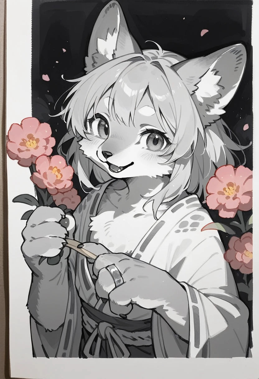 monochrome, watercolor, highres, top quality, best quality, paid reward available, High-quality illustrations, unparalleled masterpiece, perfect artwork, absurdres, 1girl, kemono, furry, detailed body fur, animal face, animal hand, Archaic Smile, holding a cluster of pink flower in both hands, which are positioned at chest level, She is wearing a simple ring on the ring finger of her left hand, unfocused spread of pink flower, fan-created work shared on platforms Pixiv or ,