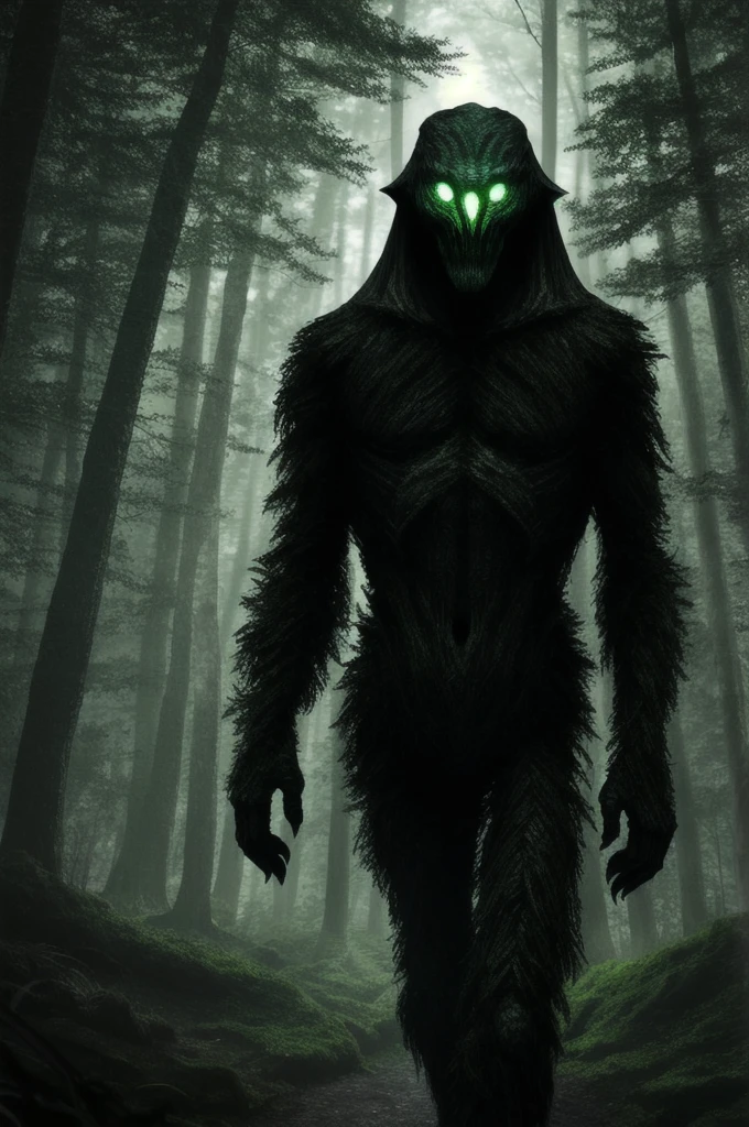 create a skinny monster, with deer horns, No eyes, with stitch marks on the face, body high, long arms and legs, huge, sharp claws, black body, and monsters around him with mouths in their bellies.