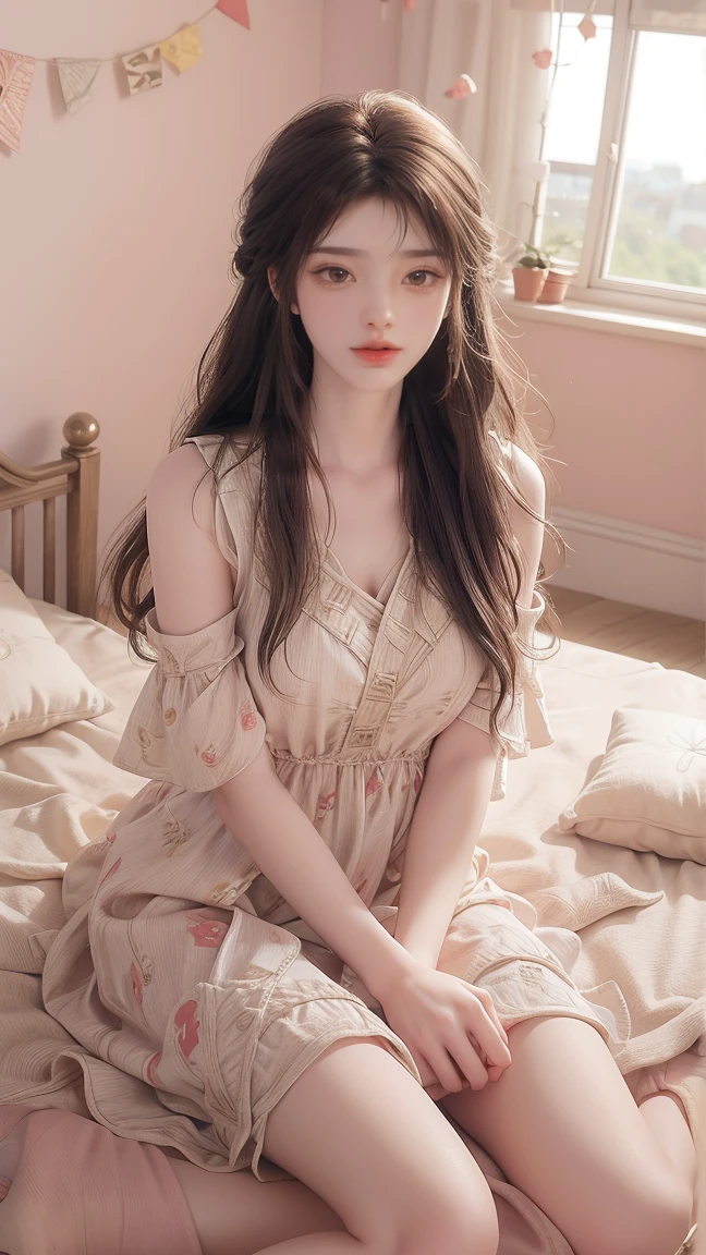 1girl, cheerful girl, carefree and happy, smiling, laughing, The girl is wearing a beautiful dress, the girl's eyes are bright and sparkling, very beautiful, cute and sweet , the girl in bedroom
