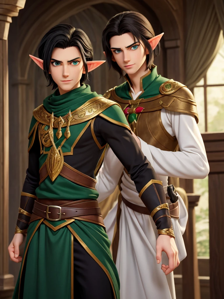 (best quality), 1boy, pale skin, black hair, medium hair, curtain hair, tousled hair, green eyes, perfect eyes, dark circles under eyes, tall, slender, handsome, strong jawline, lazy, light smile, attractive, (elf), pointed ears, fantasy clothes, masterpiece, anatomically correct, highres