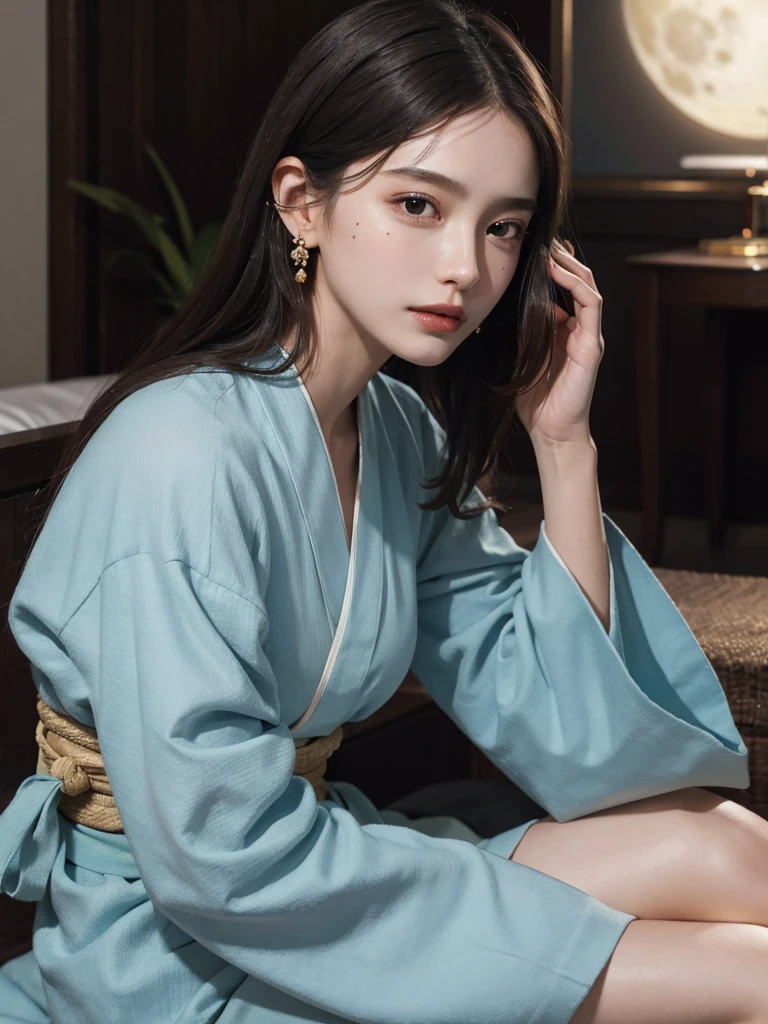 absurdres, RAW photo, extremely delicate and beautiful, masterpiece, Best Quality, ultra high resolution, 32k, hyperrealistic, ultra-detailed, perfect figure, in her 20s, very small head, very small face, delicate facial features, tearful mole, earring, very huge breasts, full body shot, medium hair, moon, kimono, long sleeve, wide sleeve, hair ornaments,