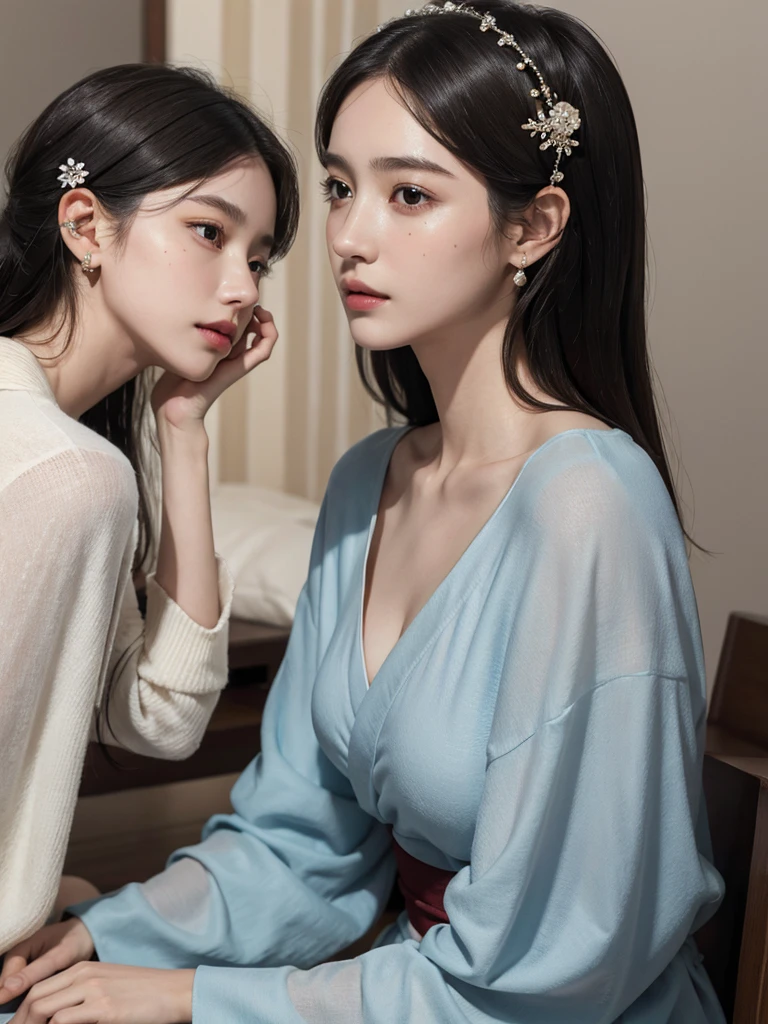 absurdres, RAW photo, extremely delicate and beautiful, masterpiece, Best Quality, ultra high resolution, 32k, hyperrealistic, ultra-detailed, perfect figure, in her 20s, very small head, very small face, delicate facial features, tearful mole, earring, very huge breasts, full body shot, medium hair, moon, kimono, long sleeve, wide sleeve, hair ornaments,