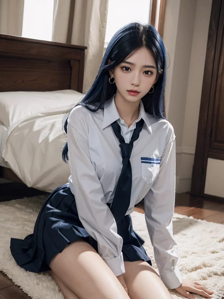 absurdres, RAW photo, extremely delicate and beautiful, masterpiece, Best Quality, ultra high resolution, 32k, hyperrealistic, ultra-detailed, perfect figure, in her 20s, very small head, very small face, delicate facial features, tearful mole, earring, very huge breasts, bare legs, full body shot, medium hair, black hair, colored inner hair, ((school_uniform)),