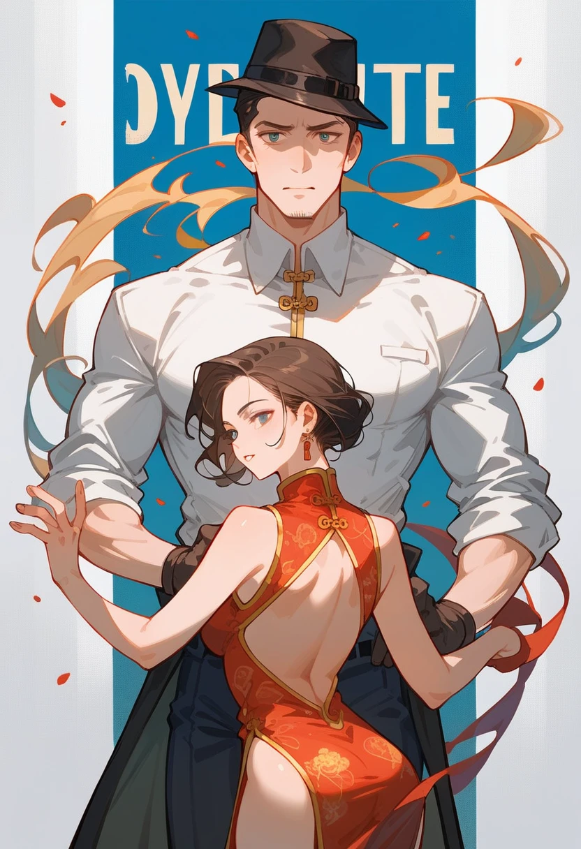 movie poster, highres, top quality, best quality, paid reward available, unparalleled masterpiece, perfect artwork, absurdres, High-quality illustrations, super high resolution, detailed background, perfect anatomy(1boy, detective, 1woman in Chinese dress)Crime mystery,
