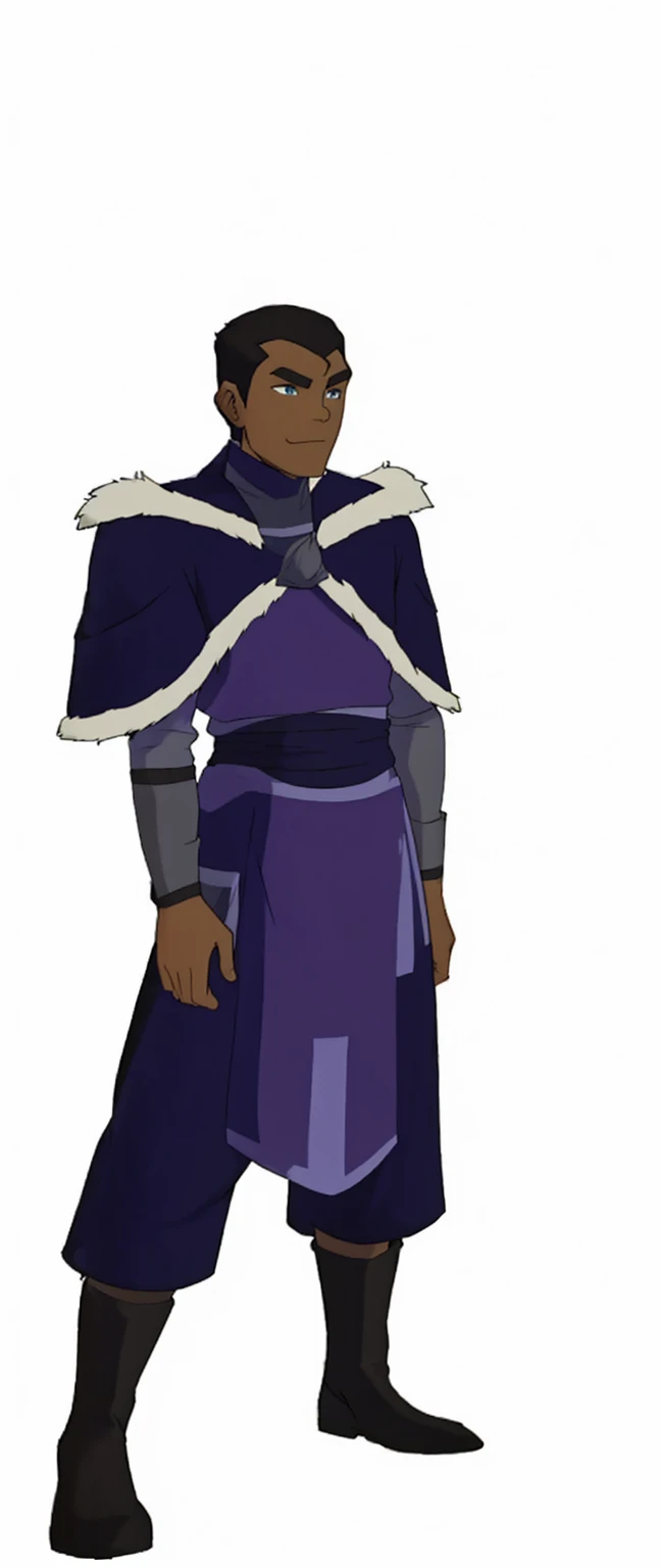 African-American, Bolin, water tribe traditional clothing mixed of blue and purple, with fur in shoulders and neck. Long sleeve, skinny, water tribe outfit. A dark blue or black high-collared sleeveless robe or tunic
A purple tabard or overtunic with lighter purple trim
A white fur-trimmed cape or cloak over the shoulders, fastened with a metal clasp
Black pants or leggings
Black boots that come up to just below the knee
A dark wristband or bracelet on one wrist
The character has dark skin, short black hair, and a serious expression. The outfit appears to be a mix of formal and practical styles, possibly indicating a character of some authority or importance in an animated series or film. The color scheme is primarily dark blues, purples, and black, with the white fur trim providing contrast.