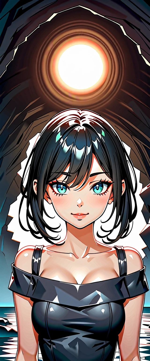 Photo of a woman with natural skin, Seaside cave, The light is shining in, Upper Body, Smiling, High Twintails, Black hair with red mesh, Sharp eyes with red eyeshadow, Blue-green eyes, Shining eyes, A thin, upturned nose, Well-shaped lips, ((Black off-the-shoulder dress, Thin shoulder straps)), barefoot, Makeup, Exquisitely crafted with the utmost attention to detail, Vibrant, amazing, Smooth, Cinematic, 4K, Backlight, (()), Shallow depth of field, ((Detailed eyes:1.3, Detailed lips:1.3, high quality, )), masterpiece, Super detailed images, High quality