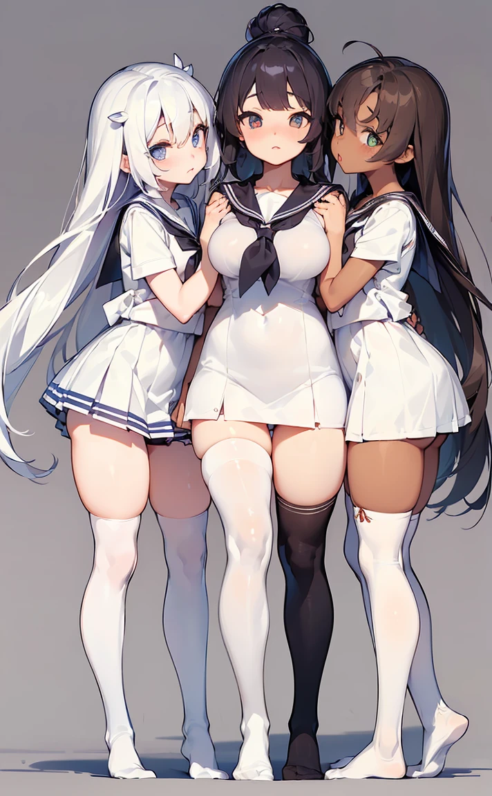 (Cute eyes:1.2),(Beautiful Eyes:1.2), Highest quality,wonderful,finely,Highly detailed CG Unity 8k wallpaper, (The three of them hugged each other:1.3),(kiss:1.3),(Height difference:1.7), (Three Girls, Sailor suit, Skinny body, Dressed), (Huge breasts), (Open your mouth:1.1),(White knee socks:1.3),(Thighs:1.3),(Waistline:1.2),(お揃いのSailor suit:1.2),(From behind:1.2),(Beautiful Eyes:1.2),(Different hairstyles),(All three have different eye colors:1.5),(All three have different skin colors.:1.5),(Thighsまで隠れるニーソックス:1.2),(Very short skirt:1.3),(Upper Body:1.3)