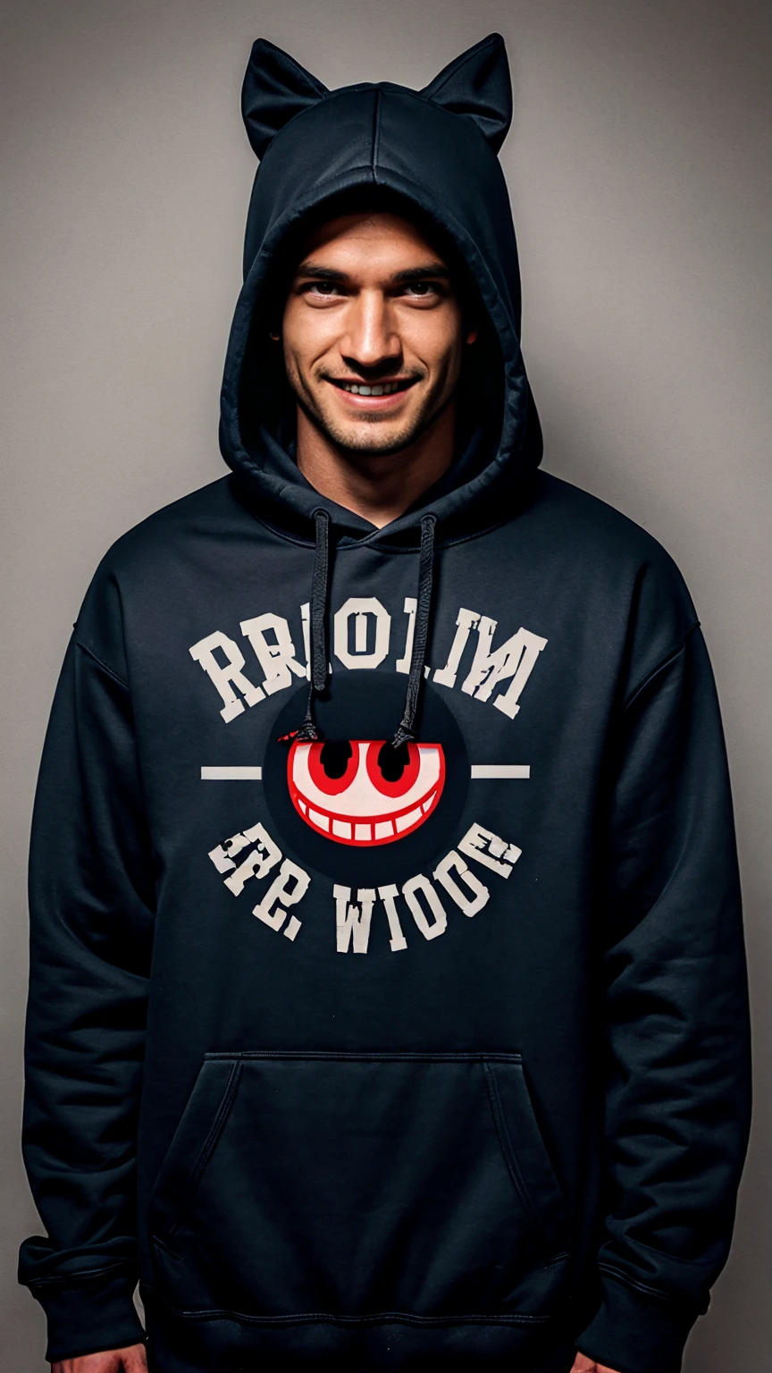 make a character in a hooded sweatshirt with the letters “HMP” printed on the front. The figure’s face is obscured by shadow, but two glowing red eyes and a menacing grin with sharp teeth are visible. This gives it an intimidating appearance. The overall aesthetic is dark and could be associated with themes of mystery or villainy in popular culture. Have the words "Be Right Back" at the top