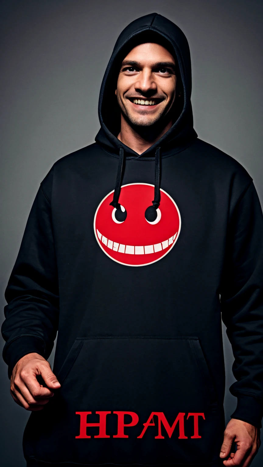 make a character in a hooded sweatshirt with the letters “HMP” printed on the front. The figure’s face is obscured by shadow, but two glowing red eyes and a menacing grin with sharp teeth are visible. This gives it an intimidating appearance. The overall aesthetic is dark and could be associated with themes of mystery or villainy in popular culture. Have the words "Be Right Back" at the top

